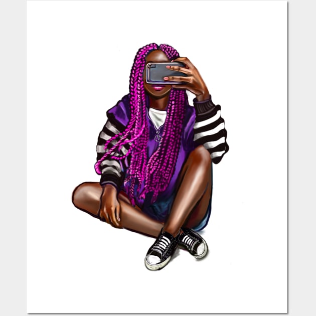 Cool edgy girl with natural afro hair in pink braids and camera phone black girl Magic. “African American woman”,teenager, African American teen Wall Art by Artonmytee